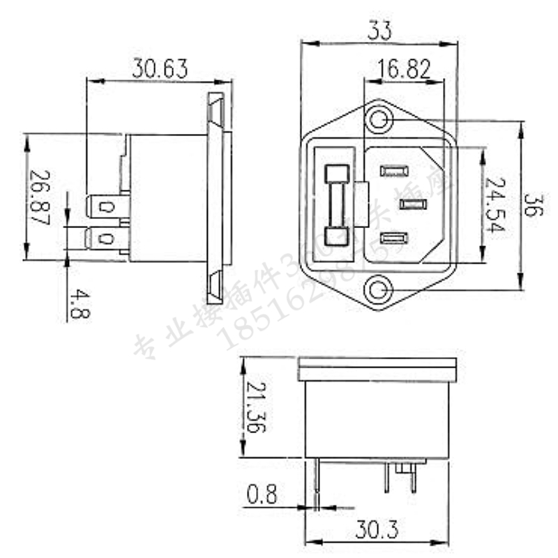 AC-03 AC电源插座 带保险丝插座 带耳朵固定 全铜 品字电源插座 - 图1