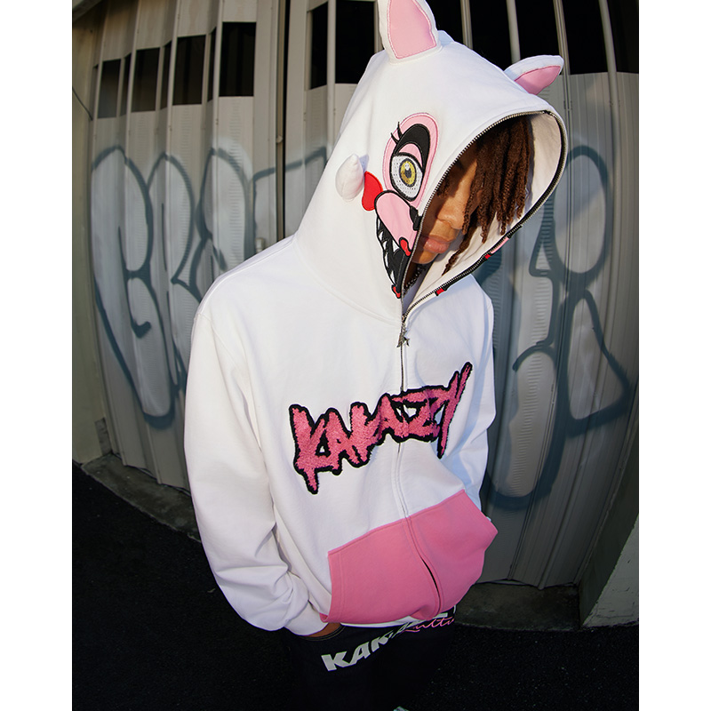 kakazzy重磅连帽卫衣男春秋季美式复古字母印花拉链潮牌带帽上衣 - 图1