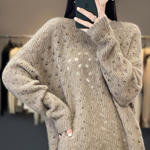 Autumn Winter New Hook Flower Round collar pure goat sweater loose hollowed-out sweater Lazy Wind Pure Cashmere Cashmere Knit Undershirt