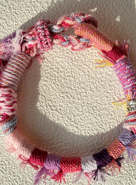 藏式手绳手工编织搭配精美银色跑环手绳粉色手链节日礼物会员礼