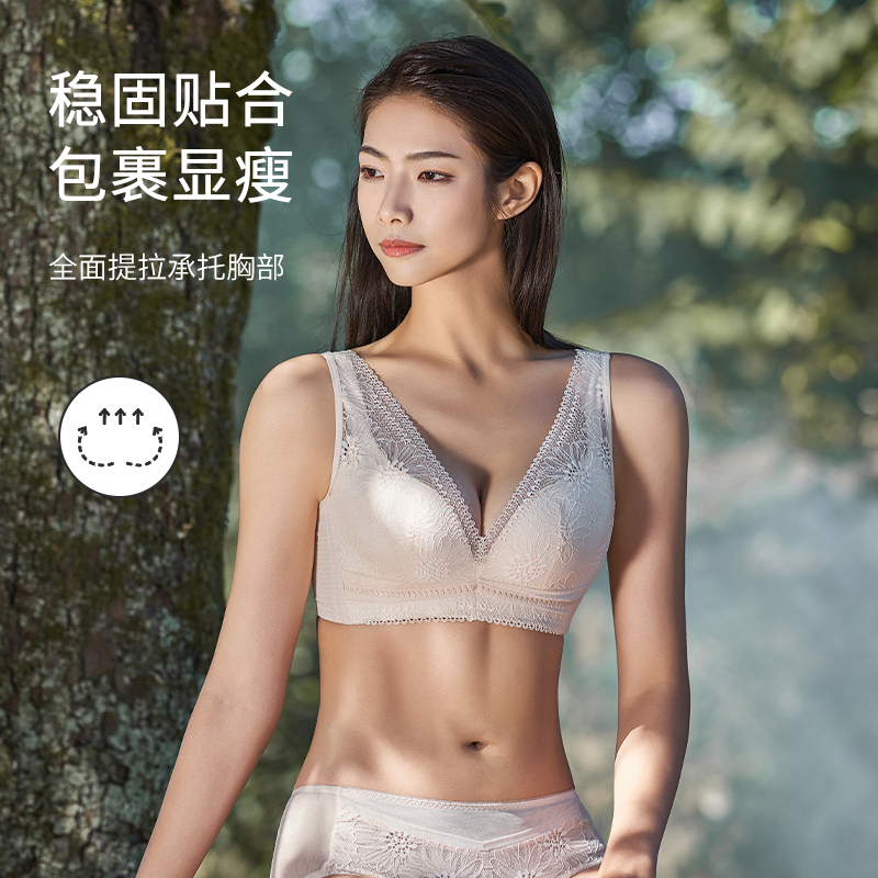 大胸显小胸内衣女双肩带无钢圈美背显瘦收副乳大码蚕丝文胸薄款夏-图0