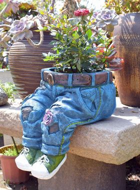 跨境花园牛仔裤花盆装饰摆件复古庭院园林艺术裤子盆栽树脂工艺品