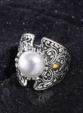 百搭盾牌戒指可调节汉服戒指浮雕指环气质唐草纹古装复古风尾戒