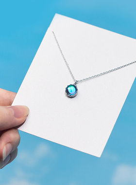 S925银皇冠项链女学生日韩版蓝色水晶琉璃吊坠纯银短款锁骨链刻字