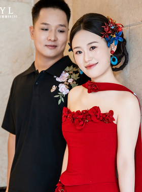 漫颖俪中式复古红蓝撞色花朵边夹女古风头饰红色发夹汉服拍照配饰