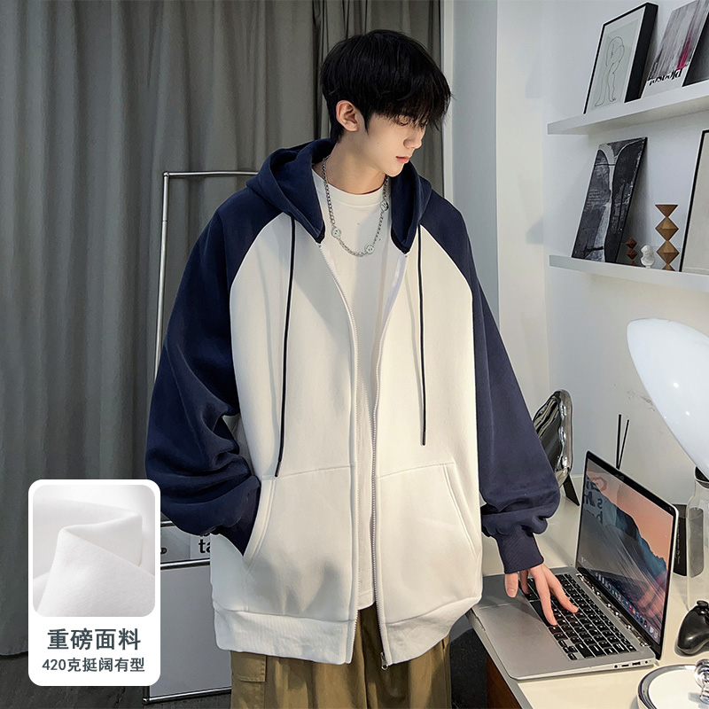 Kusen 美式潮牌拼色连帽开衫卫衣男春秋学生宽松休闲加绒大码外套 - 图0