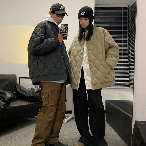 Kusen 美式潮牌菱形格棉衣夹克男潮流宽松情侣保暖学生棒球领棉服 - 图0