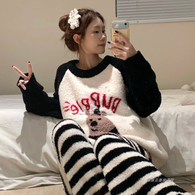 可爱小熊半边绒睡衣女秋冬季加绒加厚条纹长裤2025新款家居服套装