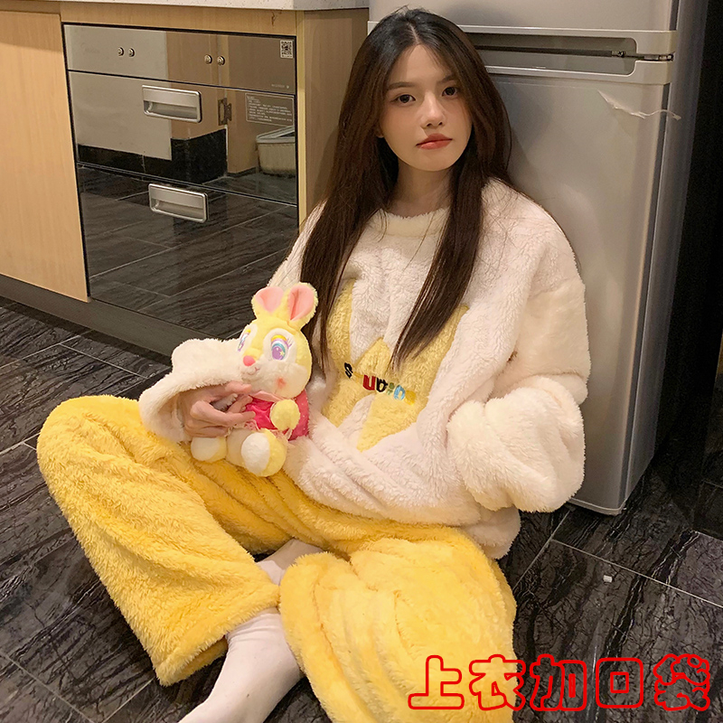 睡衣女春秋冬季法兰绒甜美学生可爱猫咪加厚保暖长毛绒家居服套装 - 图2