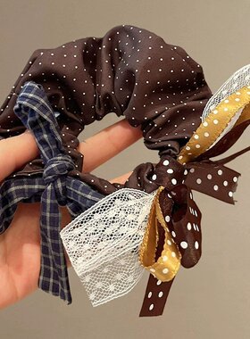 复古棕底小波点格纹蕾丝飘带发圈学院风少女扎发百搭温柔布艺头绳