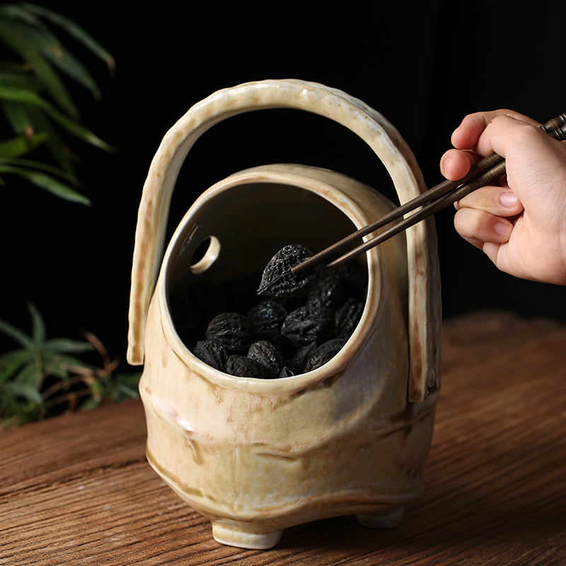 煮茶炭核桃炭橄榄乌榄炭枣炭提梁盛炭容器日式回流陶瓷复古装炭器,淘宝优惠券,粉丝福利购,淘宝优惠卷