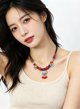 久美俪民族风串珠长命锁项链女