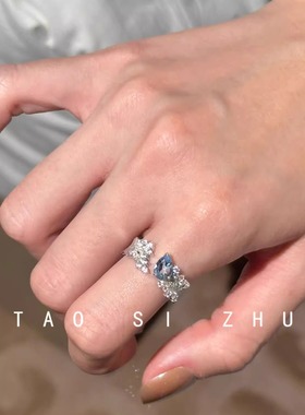 琉璃蓝水滴海蓝宝托帕石戒指中古vintage宫廷风仿玉石开口戒925银