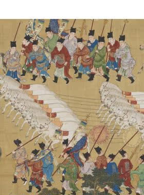 明代佚名皇帝出警图工笔人物山水画绢布长卷微喷复制学习临摹画稿