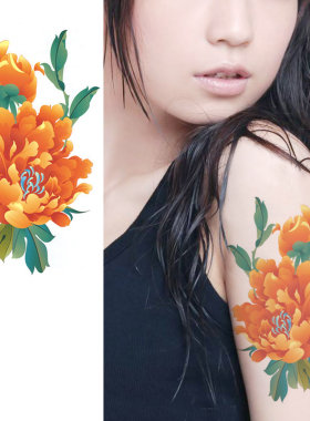 黄色牡丹花纹身贴防水女持久古装性感写真背部花臂琐骨遮疤痕贴纸