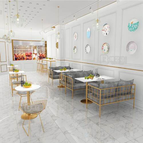 咖啡厅奶茶店沙发桌椅组合简约清新甜品餐厅网红双人铁艺休闲卡座 - 图0