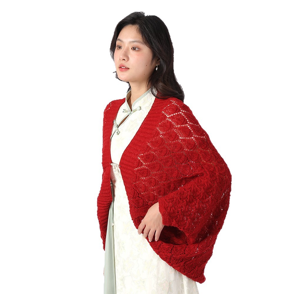 2025新款春秋镂空针织披肩女时尚旗袍外搭配裙子米色开衫毛衣外套 - 图3