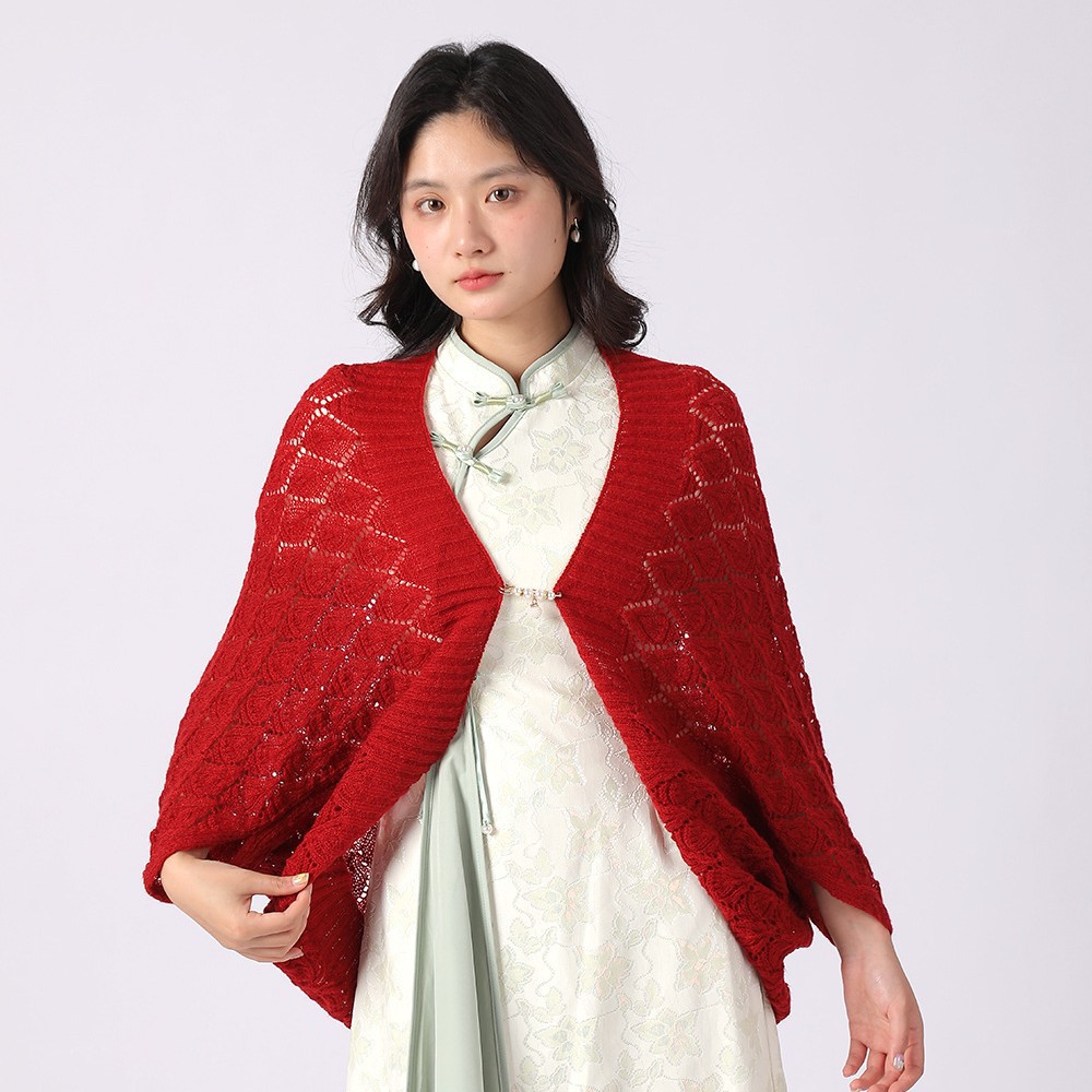 2025新款春秋镂空针织披肩女时尚旗袍外搭配裙子米色开衫毛衣外套 - 图0