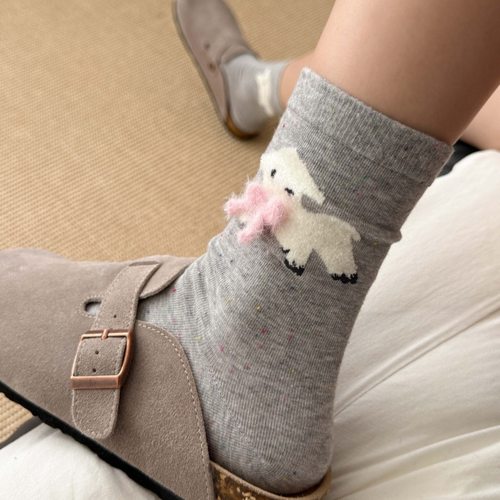 新品蝴蝶结堆堆袜子棉质点子纱植绒中筒袜日系ins潮女袜卡通女袜 - 图1