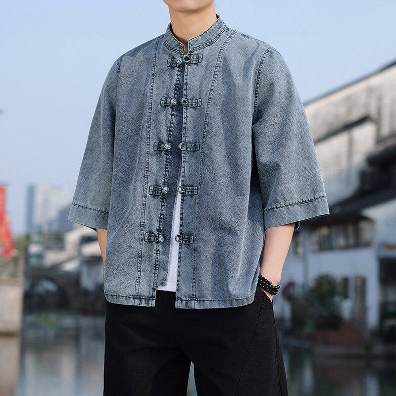 夏季复古中国风短袖衬衫男七分袖宽松盘扣新中式唐装上衣牛仔外套,淘宝优惠券,粉丝福利购,淘宝优惠卷