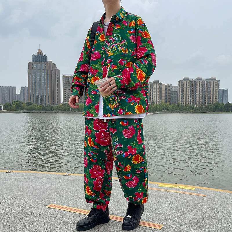 东北大花衬衫男长袖秋季中国风民族碎花衬衣外套一整套情侣装套装,淘宝优惠券,粉丝福利购,淘宝优惠卷