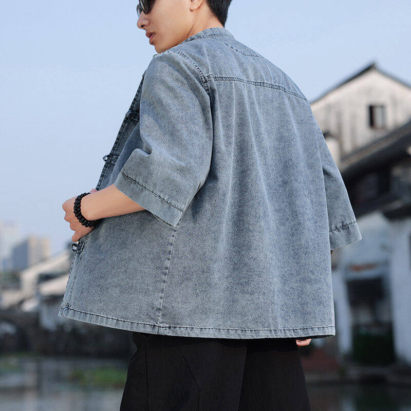 夏季复古中国风短袖衬衫男七分袖宽松盘扣新中式唐装上衣牛仔外套,淘宝优惠券,粉丝福利购,淘宝优惠卷