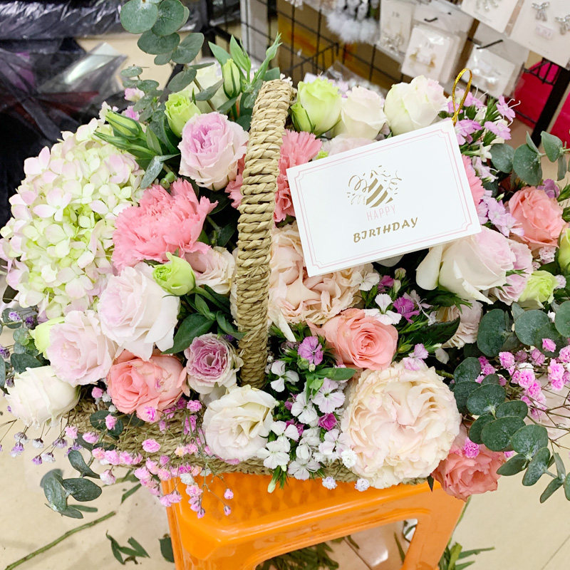 鲜花速递上海同城康乃馨玫瑰混搭精美手提花篮送开业生日朋友礼物