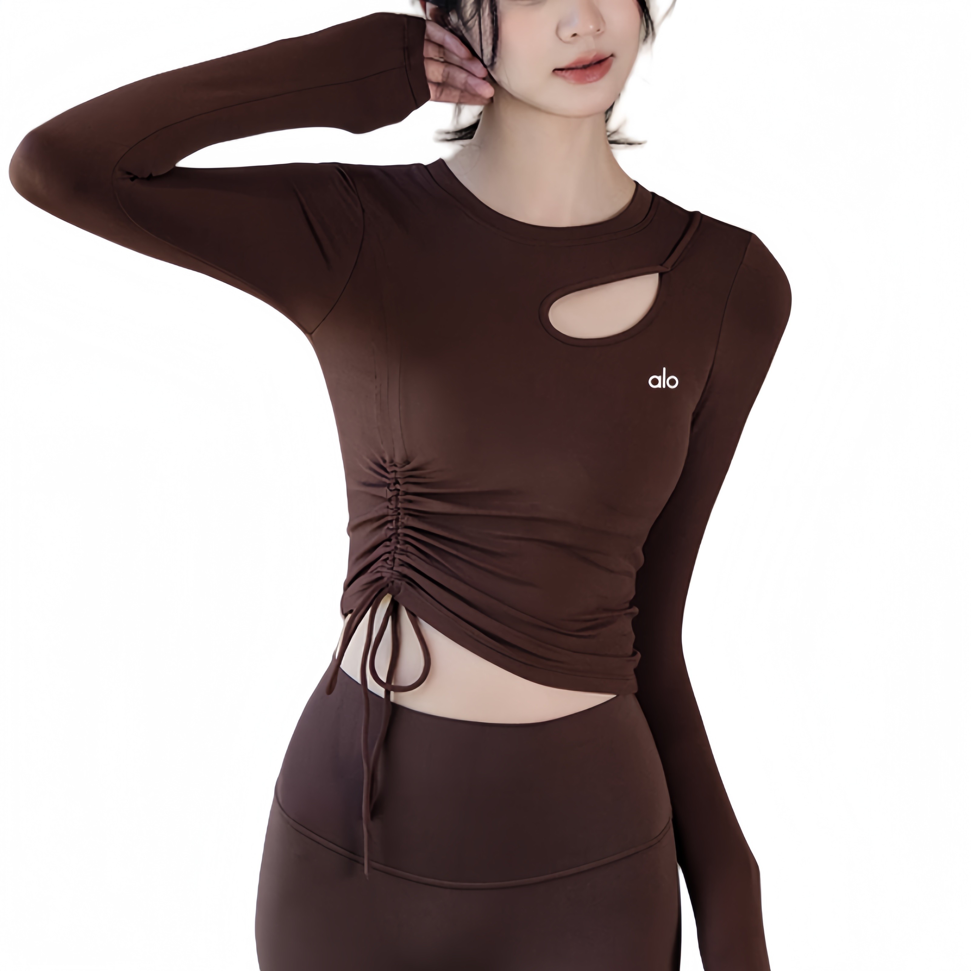 AIo瑜伽服女秋冬带胸垫抽绳显瘦运动上衣普拉提训练长袖健身套装,淘宝优惠券,粉丝福利购,淘宝优惠卷