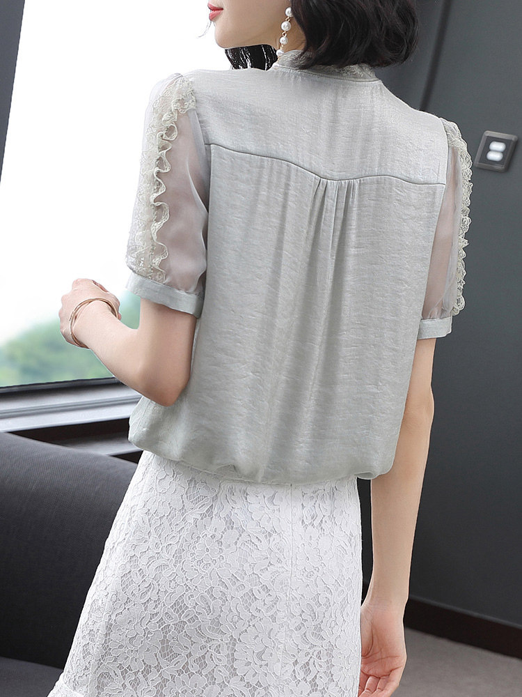 雪纺短袖夏季2020新款木耳边衬衫 依源色蕾丝衫/雪纺衫