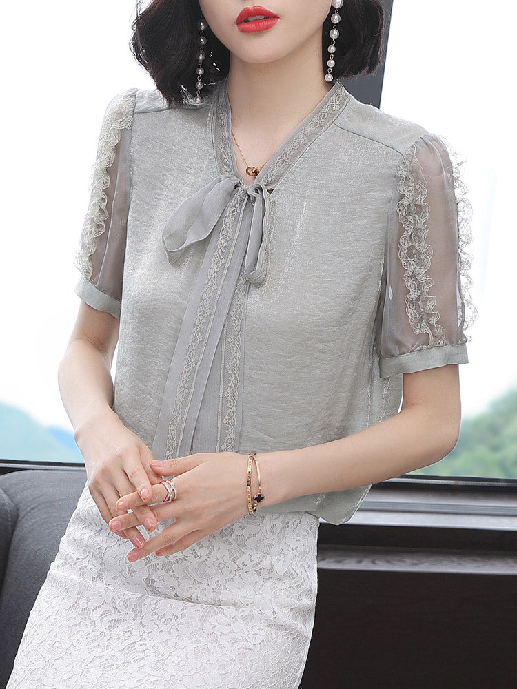 雪纺短袖夏季2020新款木耳边衬衫 依源色蕾丝衫/雪纺衫