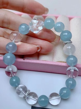 天然海蓝宝手链白水晶女款单圈海蓝宝手链送女友闺蜜生日礼物