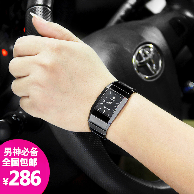 正品长方形男女陶瓷表2019黑石英表 卡瑞达金荣盈国产腕表