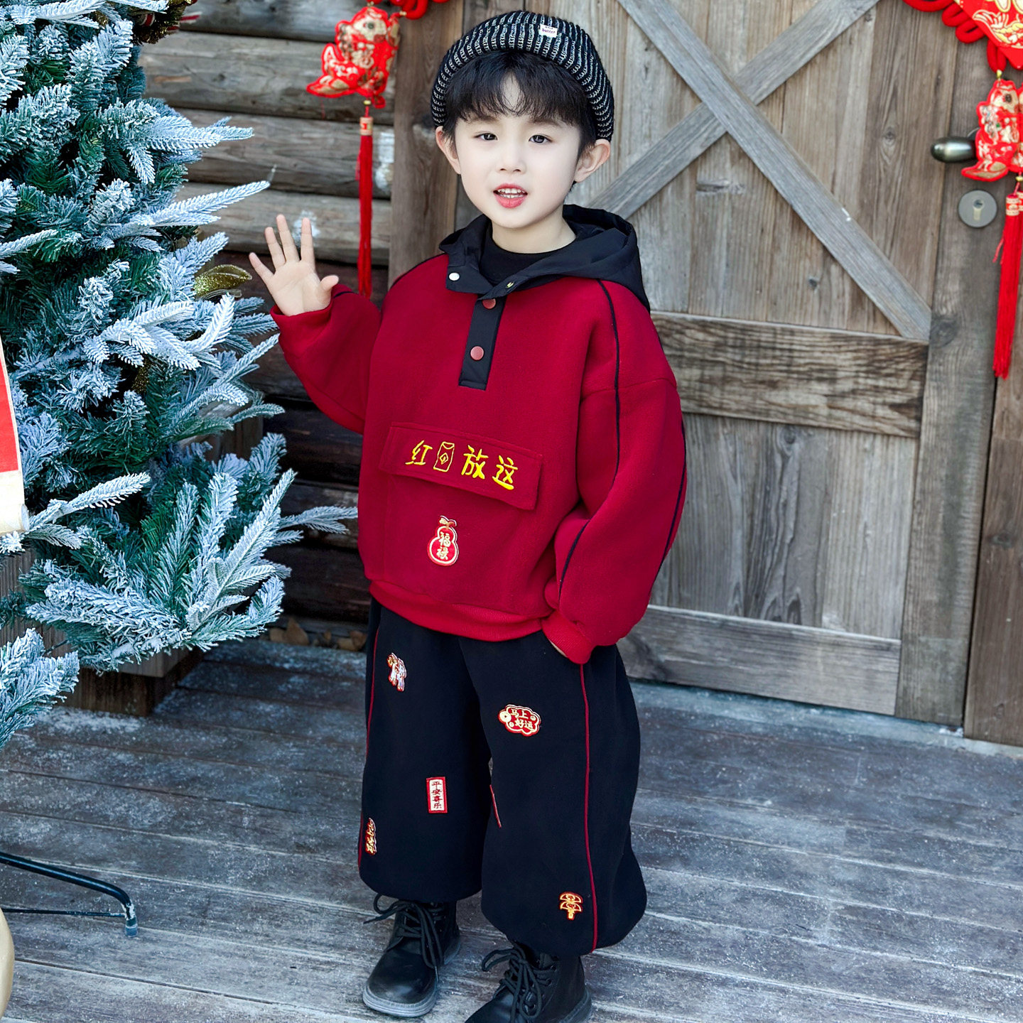 男童红色套装加绒加厚儿童冬季拜年服宝宝卫衣秋冬洋气休闲两件套,淘宝优惠券,粉丝福利购,淘宝优惠卷