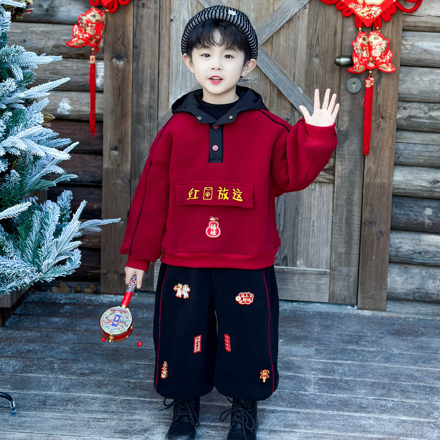 男童红色套装加绒加厚儿童冬季拜年服宝宝卫衣秋冬洋气休闲两件套,淘宝优惠券,粉丝福利购,淘宝优惠卷