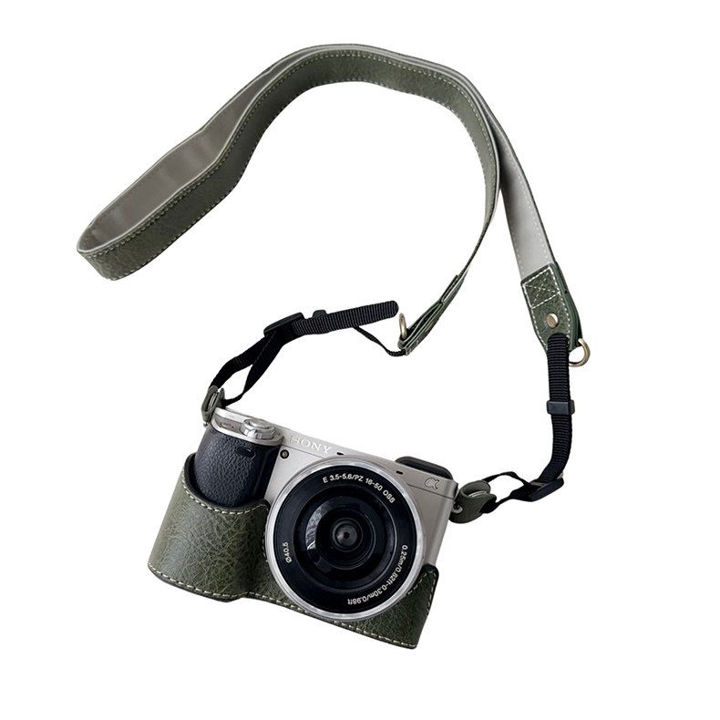 适用于 索尼A6400 ZV-E10L保护套a6300相机包A6100仿皮皮套A6000微单相机套 底座 皮套半套水牛纹路 皮质背带 - 图2