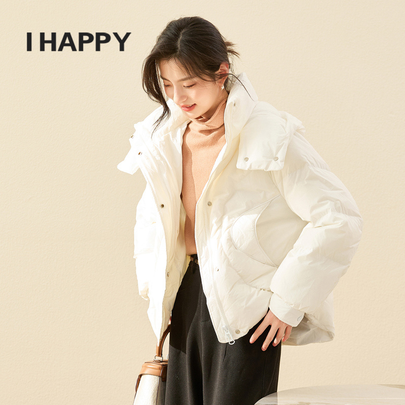 IHAPPY/海贝2023新款宽松连帽羽绒服外套女小个子白鸭绒冬季外套