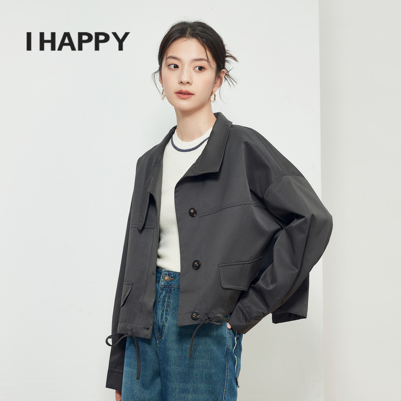 IHAPPY/海贝秋季新款休闲通勤女式短款风衣外套女小个子风衣夹克