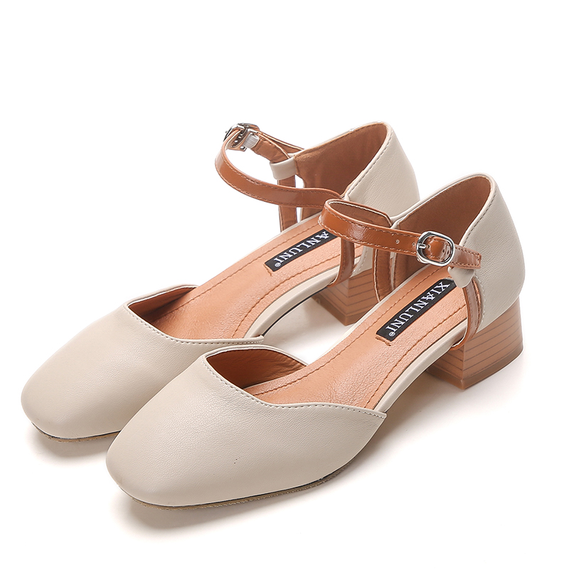 尚女品牌粗跟单鞋女春款复古玛丽珍奶奶鞋温柔中跟一字带方头浅口女鞋3