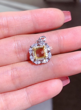 s925纯银吊坠空托 方形6*6mm代镶糖塔 碧玺 欧泊 双色豪华款 x
