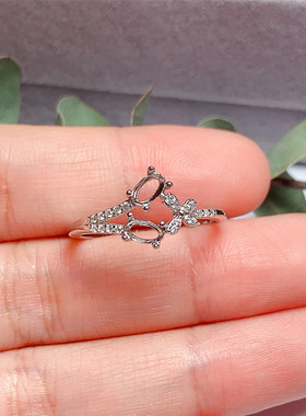 s925银戒指空托椭圆形3*5mm精美清新 代镶嵌 红宝石 祖母绿 w