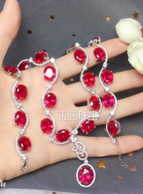 925纯银代镶红刚玉椭圆项链