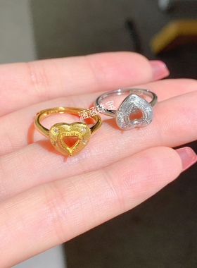 s925纯银戒指空托古法银 心形5*5mm代镶碧玺 托帕石 石榴石 日韩
