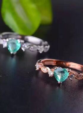 纯银活口戒指祖母绿心形