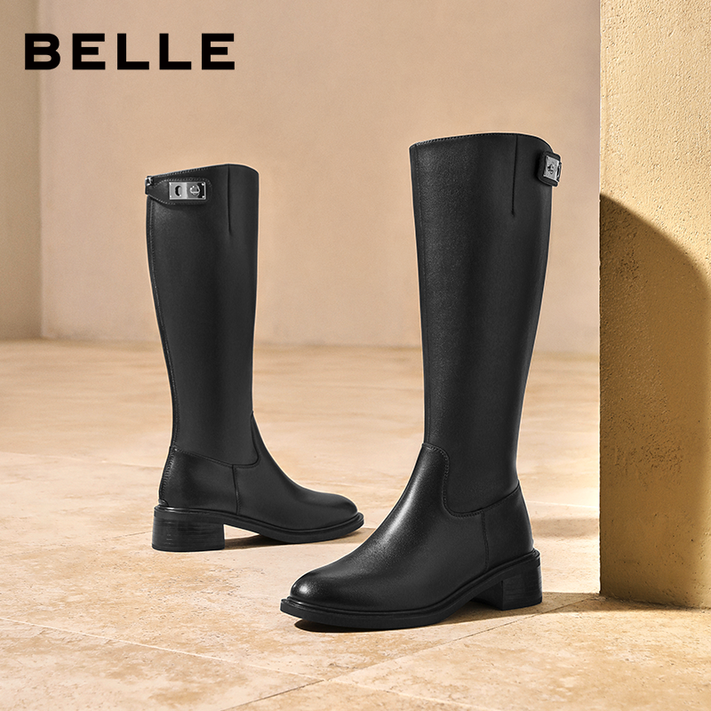 百丽弹力显瘦骑士靴子女2025冬季新款加绒厚底长筒靴子E6B1DDG5 - 图1