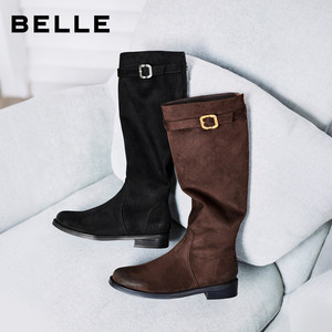 百丽显瘦瘦靴绒面弹力骑士长筒靴子女25冬新款粗跟高长靴3QFF2DG5