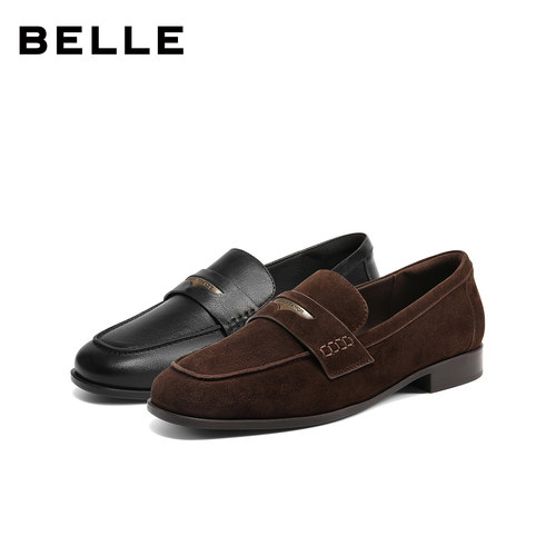 百丽羊皮海鸥复古乐福鞋女2026新款黑色小皮鞋深口单鞋子F2D1DA - 图3