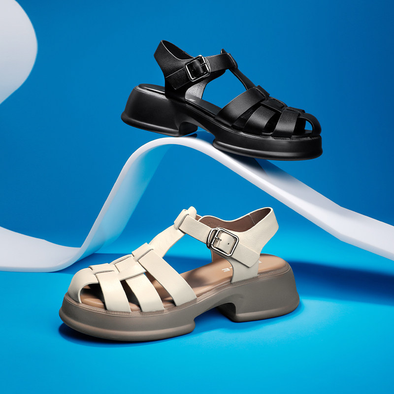 百丽镂空猪笼2023新款夏季真皮女鞋 百丽罗马凉鞋