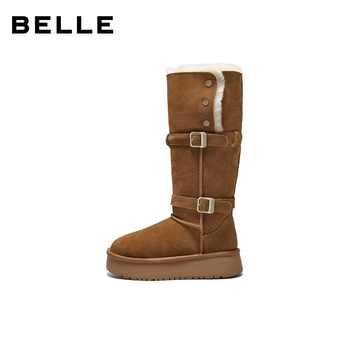 百丽厚底高筒翻毛雪地靴女新款毛毛东北棉鞋冬季长筒靴B3029DG5预 - 图0