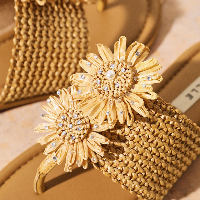 Belle holiday style sunflower braided flip-flops for women Xia Xin shopping mall style flat sandals F5D2DB pre-