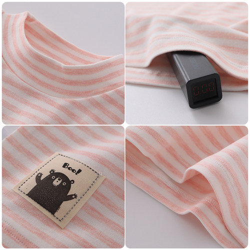 儿童纯棉半高领打底衫女童中领长袖T恤春秋男童宝宝条纹保暖上衣 - 图1